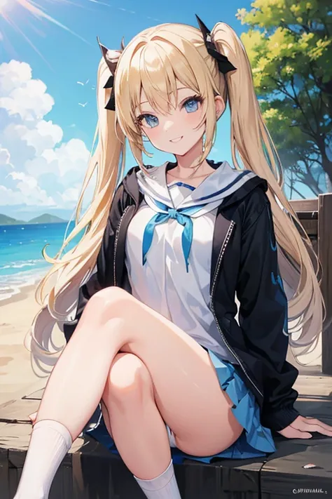 1 female,  smiles,  blue eyes,  miniskirt, white underwear, blonde,  twin tails on legs,  sit with legs open , open your mouth slightly, anime style, 10th Generation,Outdoors