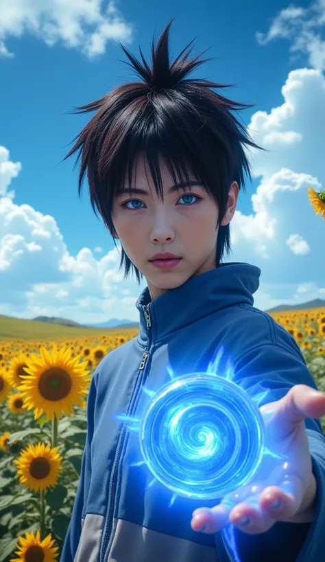  anime Naruto,  live action,8k,Realistic,background :blue sky sunflower,I'm raising one hand .  blue round energy on my hand, blue eyes holding a palace