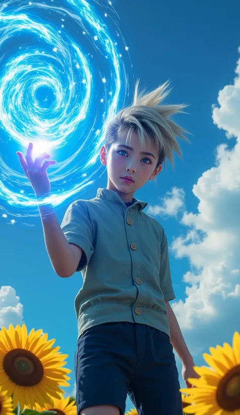  anime Naruto,  live action,8k,Realistic,background :blue sky sunflower,I'm raising one hand .  blue round energy on my hand, blue eyes holding a palace