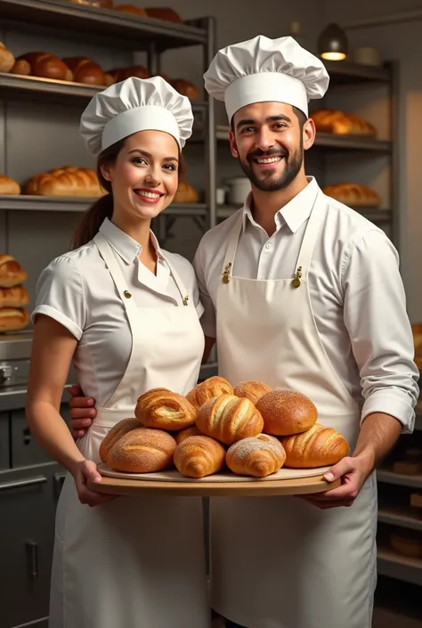 A women and a man bakers, holding a bilao size of food