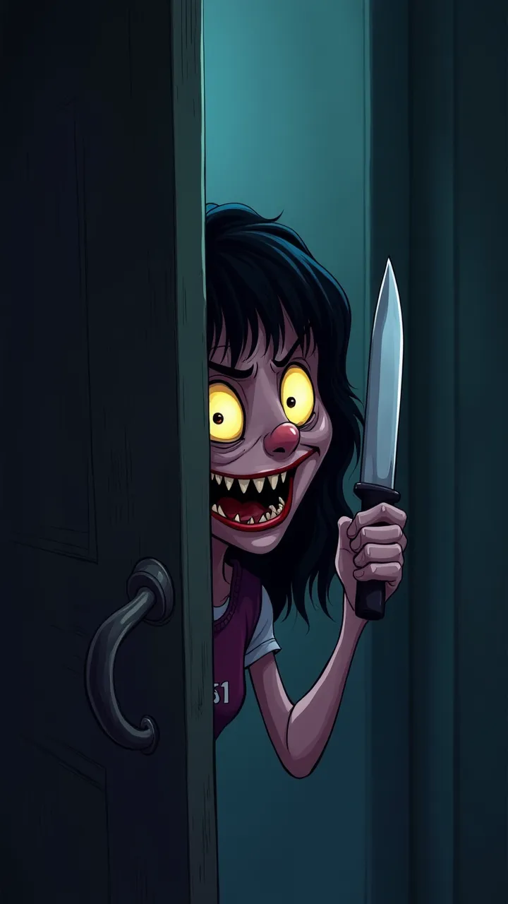 
Horror cartoon killer girl behind the door looks haunting, holding a knife ready to kill