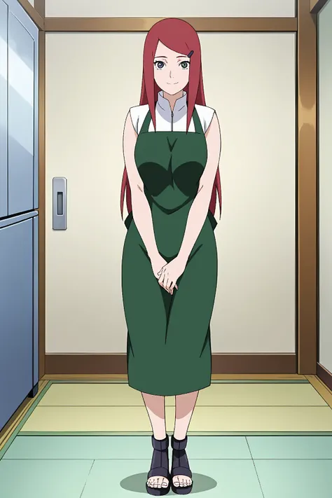 Full body, masterpiece, best quality, amazing quality, anime screencap, 1girl, solo, mature female, housewive, milf, medium breasts, slim_waist, uzumaki_kushina, gray eyes, red hair, long straight hair, hairclip, white sleeveless top, green apron, sleevele...