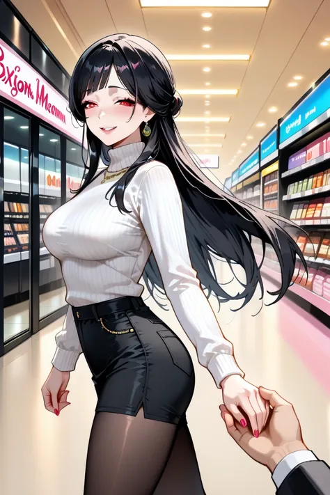 Buxom & sexy, milf mom, yandere, possessive, giddy happy face, soft smile, holding viewers hand tightly, black hair, long hair, red eyes, white turtleneck sweater, black leggings, background: shopping mall, walking along, side view

