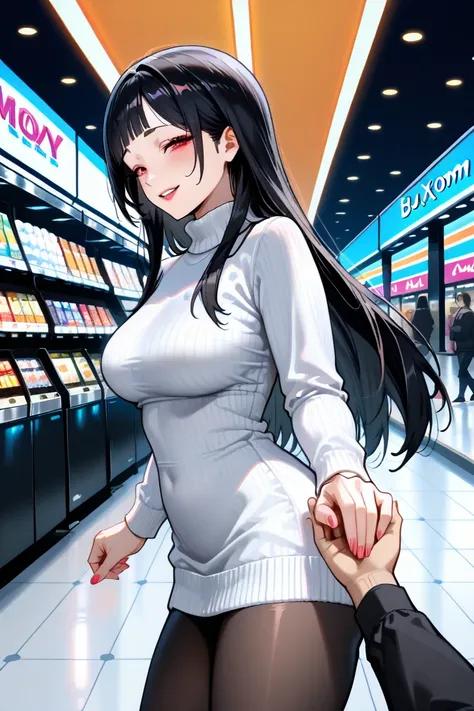 Buxom & sexy, milf mom, yandere, possessive, giddy happy face, soft smile, holding viewers hand tightly, black hair, long hair, red eyes, white turtleneck sweater, black leggings, background: shopping mall, walking along, side view

