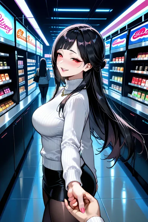 Buxom & sexy, milf mom, yandere, possessive, giddy happy face, soft smile, holding viewers hand tightly, black hair, long hair, red eyes, white turtleneck sweater, black leggings, background: shopping mall, walking along, side view

