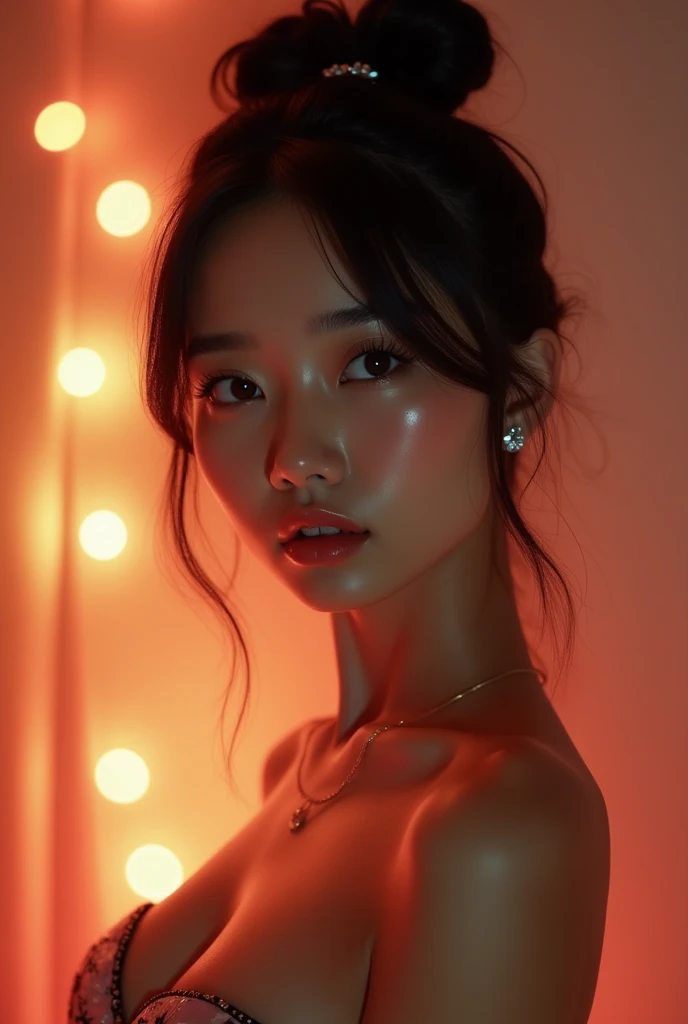  a young woman , Probably Asian

She is fair-skinned with a slightly tanned tone. Your dark brown hair is styled in a double bun  !! with some adornment or applique
She has slightly makeup on our eyes  !!!

 She's in her room with colorful lights 


Your e...