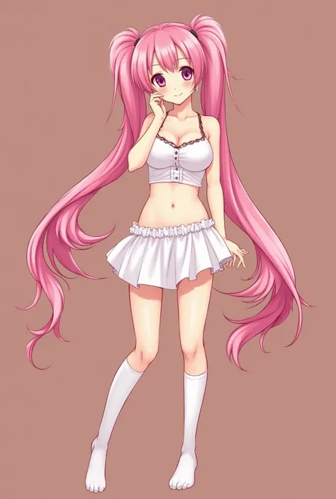 Girl with pink hair and twin tails。I have big breasts and my cleavage and nipples are visible。Masturbating with M-shaped legs。