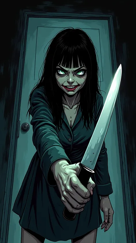 
HORROR CARTOON DOORGIRL KILLER LOOKS HAUNTING, HOLDING A KNIFE READY TO KILL. JAPANESE STYLE