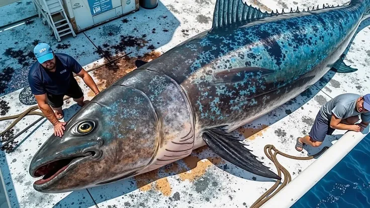 giant fish lying on the boat with the fisherman