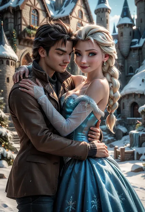 Ana and Elsa from Frozen ,  wearing her princess dress ,  hugging each other warmly ,  in the middle of a big snow castle