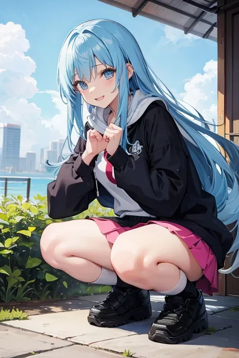 1 female, squatting,  smiles,  miniskirt, white underwear,blue hair,  open your mouth slightly, anime style, 10th Generation,Outdoors,long hair