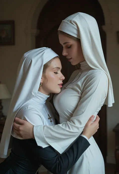  2 girls wearing nun's habits embrace each other tightly at dusk, on the esplanade of a convent 