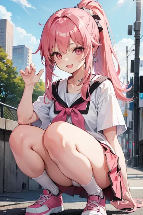 1 female, squatting, , white underwear,
 smiles,  miniskirt, pink hair,  open your mouth slightly, anime style, 10th Generation,Outdoors, ponytail