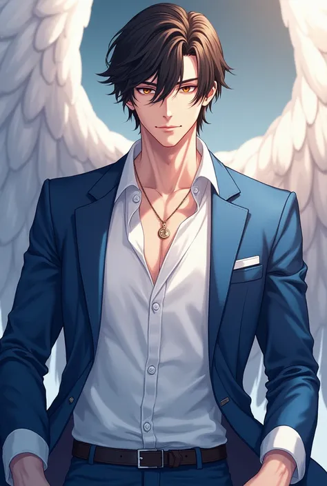  Create a Manwa style man with dark brown hair and white skin  ,  wearing a white shirt and blue jacket 、Angelic and muscular face 、 slim and very handsome 、 charming yet gentle omega