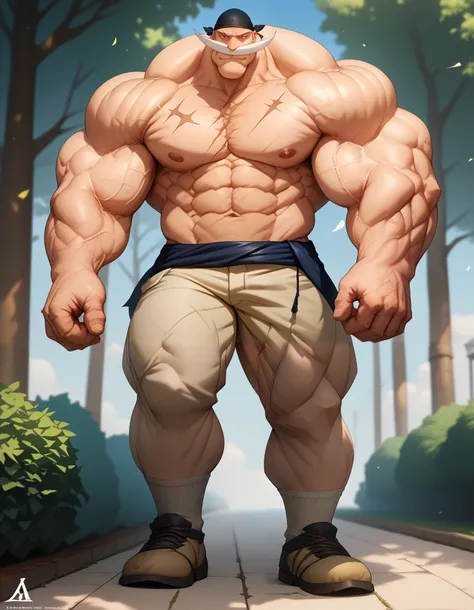 a man with big giant muscle tall body, shirohige, topless, shirtless. full body, standing, solo, very big, very tall, very muscular,chest scar, bandana, shorts, park, nipples