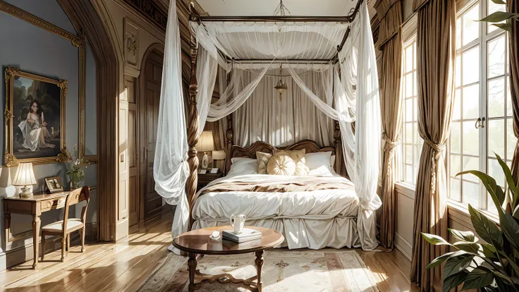 Best quality, masterpiece, ultra high res, raw photo, beautiful and aesthetic,deep shadow, fantasy theme,(ultra detailed:1.3), divine, royal bedroom, indoors, luxurious, canopy bed, full of curtains, pillows, jewelry, candlelight, queen chamber, pink room