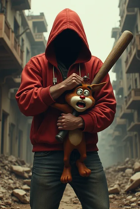 Man wearing red hooded sweatshirt holding a baseball bat in one hand and the other stringing the character Taz from the cartoon Loony Tunes crying in a war scene 