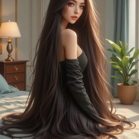 （ best image quality、 top quality、 highest resolution、 super realな写真、 full body photo、） in the seat、Amazingly long black hair is very beautiful、  hair length above the buttocks about5 m 、 、Jet black straight hair、  very beautiful face、Beautifully groomed b...