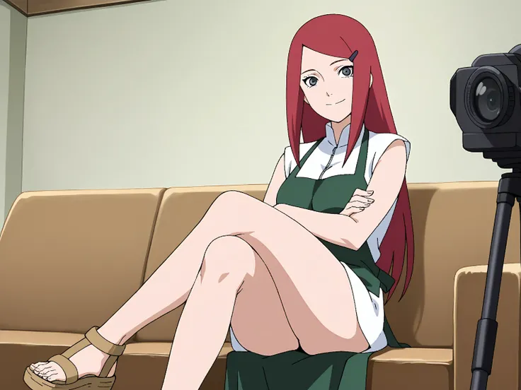 Full body, masterpiece, best quality, amazing quality, anime screencap, 1girl, solo, mature female, housewive, milf, medium breasts, slim_waist, uzumaki_kushina, gray eyes, red hair, long straight hair, hairclip, white sleeveless top, green apron, sleevele...