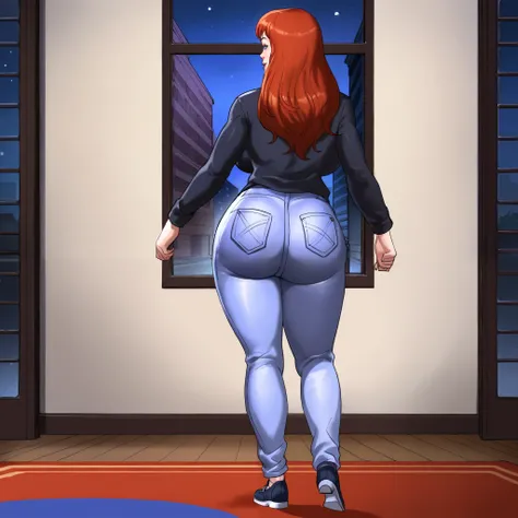 score_9, score_8_up, score_7_up, score_6_up, score_5_up, score_4_up, BREAK, 1girl, MJ, freckles arcoss face, blue eyes, dark red hair, long sleeve black shirt, dark blue long jeans, blue black shoes, long straight hair, 1girl, ((huge breasts, huge butt, th...