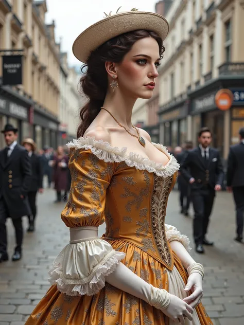 Draw this face with 18th century fancy female fashion clothes and she is standing on the street of 18th London with a handbag in her hand