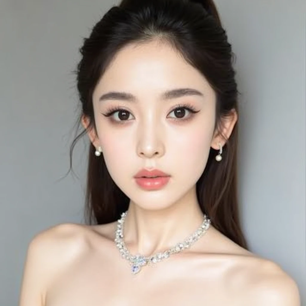 Ultra-fine， HD，Portrait of an extremely beautiful asian girl， facial portrait ，Clear skin texture，Double eyelids， big eyes，The left eyebrow is the same as the right eyebrow，((( with pearl earrings ， sapphire necklace ：1.5)))，(( front view))，Facial highligh...