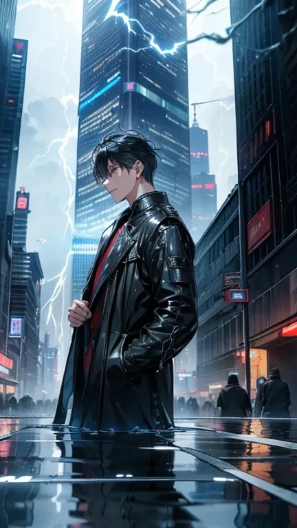 1 boy, A  boy 、 wet body 、Cyberpunk boy 、 The Beginning of the Adventure 、( soaking :2)、(lightning:1.5)、many clouds,heavy fog、mist,chaotic city of the future、 Cinematic dystopia 、 A group of very tall skyscrapers stands in the center、 Paisagem urbana muito...