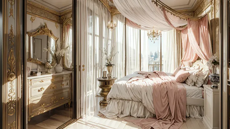 Best quality, masterpiece, ultra high res, raw photo, beautiful and aesthetic,deep shadow, fantasy theme,(ultra detailed:1.3), divine, royal bedroom, indoors, luxurious, canopy bed, full of curtains, pillows, jewelry, candlelight, queen chamber, pink room