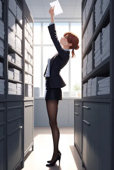 Show the whole body, view from the side(one woman) (doing office work) (trying to take documents from the shelf)  Beautiful anime style portrait, Detailed portrait of beautiful anime style girl, Beautiful anime style portrait, Beautiful anime woman, Digita...