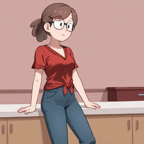 Davidsm, glasses, brown hair, tied pigtail,red blouse, pants,