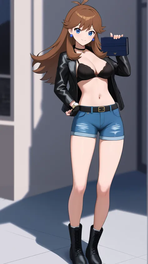 (( top quality)), (( Masterpiece)), (( Details)),  1girl , Two legs, two arms,  orange brown hair color,  long hair,  blue eyes,  black leather jacket,  black strapless bra, Belly button,  black asymmetrical jeans, belt,  thighs, 
  beautiful feet, Black B...