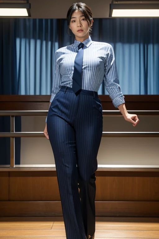 40-year-old boy ,Korean bulky male officer ,Wear navy blue police uniform shirt................ pinstripe navy blue smooth tight trouser, transparent pants obvious underwear print ,((unrealistic super big tight butt wearing pants)), legs wide open, legs on...