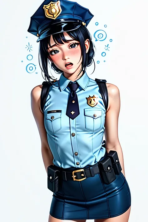  Japanese beautiful girl ,(It's 1 :2.0),( Watch Viewers :1.0),(black sleeveless collared police shirt :1.1),( black police officer micro mini skirt:1.1),( slender body:1.2),( Open Mouth_I get hiccups :1.4),real skin ,small breasts,  Shiny Black Hair, Super...