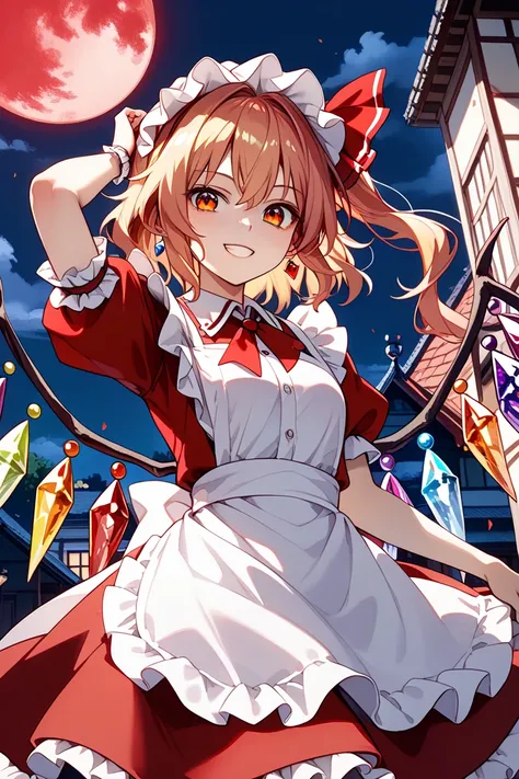  detailed depiction of up to the front door、(( Flandre Scarlet from Touhou Project))、((( Flandore Scarlet)))、(((Red maid outfit)))、  red eyes、(((I can see the red moon above my head )))、(((White nightcap )))、(((I'm in the courtyard of the Red Devil at nigh...