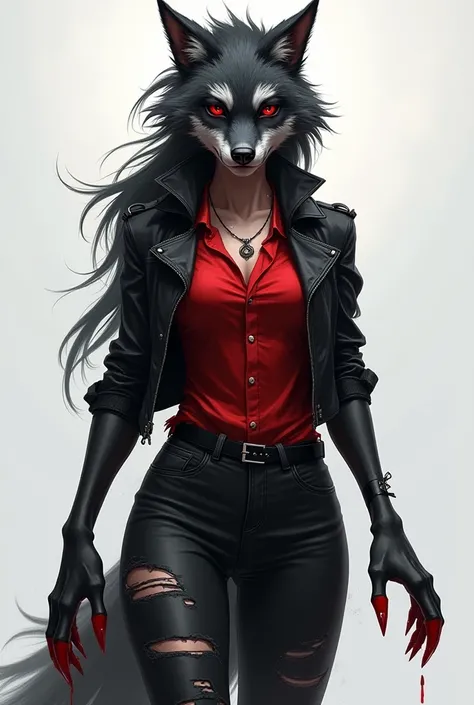  Create an image of this character

Nyx Scarlet Fang is an anthropomorphic wolf of 1.87 meters high,  with a slender but muscular body ,  designed for speed and strength .  His coat is mostly black ,  with silver tufts on the back , , the tip of their tail...