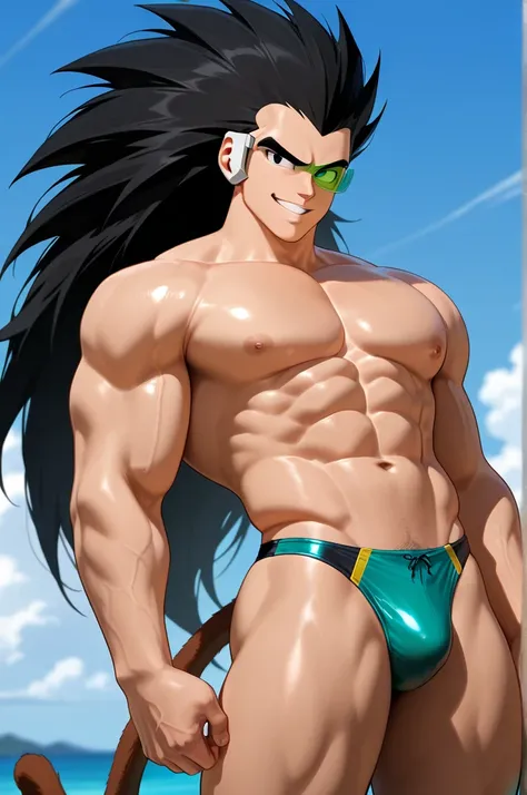 male_focus, solo,looking_at_viewer.raditz, 1boy, black hair, black eyes, very long hair,green scouter.monkey tail.Swimwear.muscular_male.Grin,Malicious.toned_male, toned, muscular_male.whole body.Life-size.Waist Level.masterpiece,best quality,amazing quali...