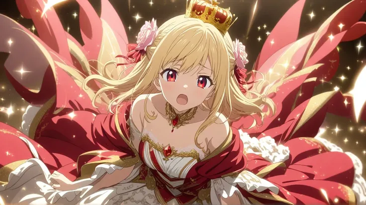 1girl, Blonde Hair, Open Mouth, Red Eyes, Royal Crown, Sparkle, Bloom, Royal Gown, Little, Red Styles, Simple background, HD, Pink Hair, Anime, 