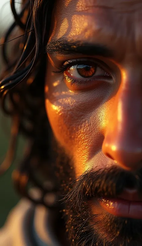 **Prompt (Updated Lighting & Shadows):**  
"Hyper-realistic, photorealistic close-up portrait of Jesus of Nazareth, focusing intensely on his left eye and facial features. Capture **dramatic interplay of light and shadow**: golden morning sunlight cascades...