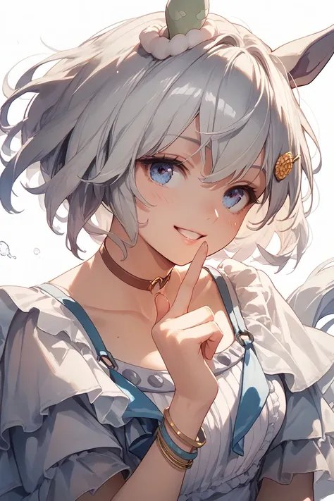 Seiun_Sky, horse ears, horse tail, short hair, white hair, bangs, hair ornament, hairclip, blue eyes