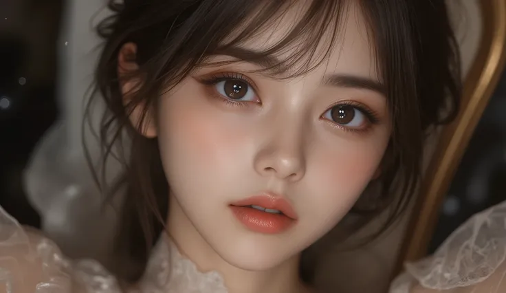 8k, ultra high resolution , top quality, masterpiece,rule of thirds,golden ratio, surreal, photos, one woman,( girl:1.3), cute, cute顔, Beautiful Eyes in Every Detail , 細かく Details, Mature Women, princess,extream close up,smile, black hair,Messy hair,I...