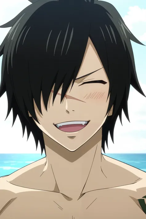 score_9, score_8_up, score_7_up, source_anime, rating_safe, rogue_cheney, black hair, red eyes, ponytail, hair over one eye, scar, tattoo, close-up, happy,, 1boy, male focus, anime screencap, best quality, official style, depth of field, looking at viewer,...