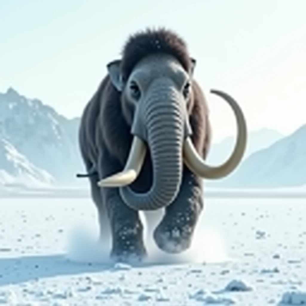 arctic Mammoth running in slow motion towards yhe front 