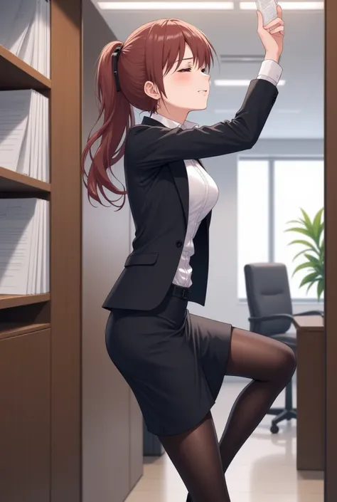 Show the whole body, view from the side(one woman) (doing office work) (trying to take documents from the shelf) Beautiful anime style portrait, Detailed portrait of beautiful anime style girl, Beautiful anime style portrait, Beautiful anime woman, Digital...