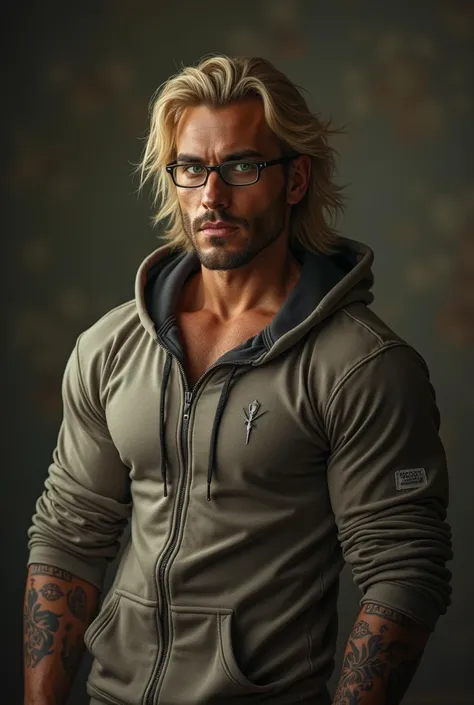 tall handsom arabians man with a very strong muscular body, with blonde hair and bright green eyes, with glasses, wearing a hoodie with the sleeves rolled up showing his tattood arms, realistic 4k
Masterpiece, best quality, photorealistic, ultra high detai...