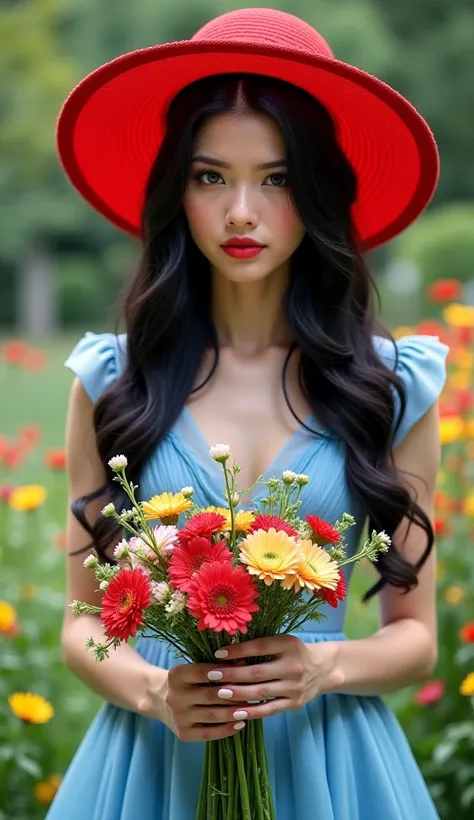 Beautiful young european,  long black hair, on the head a red hat,  blekitna sukienka,in her hands she holds a bouquet of flowers, in the background of the garden