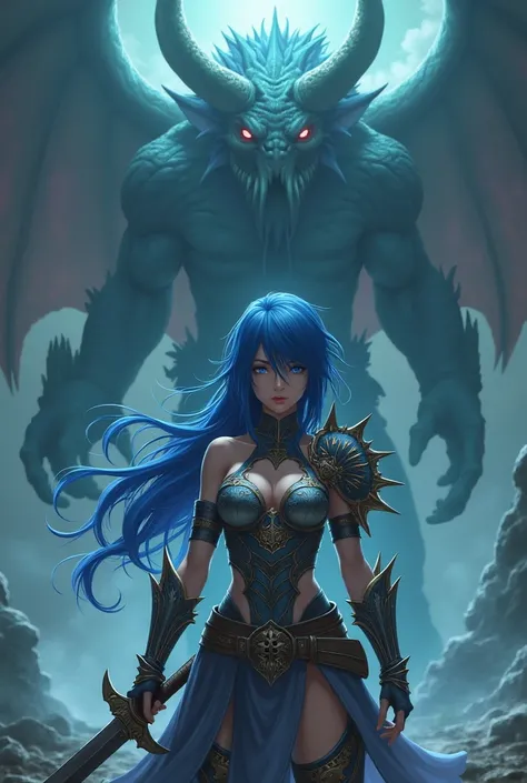  blue-haired anime girl in dragon armor who has a cleavage, He is in combat position with a sword in his hand about to fight with Cthulu