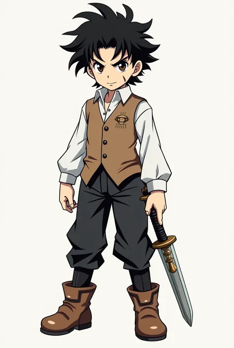  style drawing of Jojo's Bizarre Adventure, a boy with wavy black hair, brown eyes, white skin and a scar in the middle of his face, dressed in a white long-sleeved shirt that fits his muscles, a brown vest, black pants and brown boots, holding a sword 