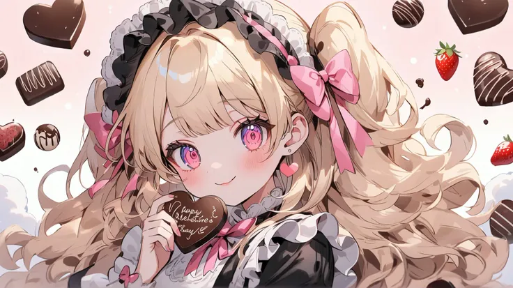  anime style,  beautiful girl,  blonde,  fluffy hair ,  big eyes,  Heart Eyes , Sweet expression,  Lolita fashion, Maid Style, Ruffled clothing,  pink ribbon ,  chocolate, Heart-shaped chocolate , strawberry,  sweets,  fluffy atmosphere ,  cute, Dreamy Bac...