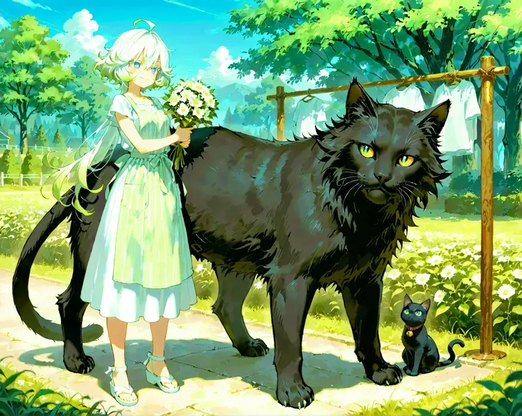 score_9, score_8_up, score_7_up, 1girl, One giant cat, Big black cat, Huge black cat, UHD, Super Detailed, High Resolution, Masterpiece, Accurate, Anatomically Correct, Japanese Illustration Style, Very Pretty Lady, full body, Cool girl, A girl who looks l...