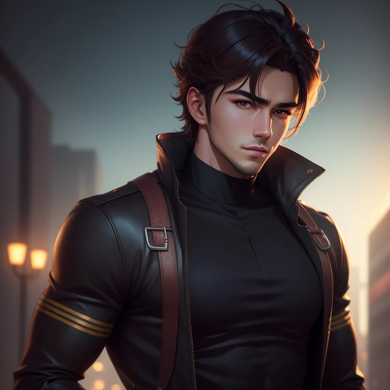 Ultra-detailed anime-style illustration of a handsome man, cinematic lighting, sharp shadows, high contrast, smooth skin, detailed clothing, semi-realistic, dark theme, masterpiece, 8K UHD